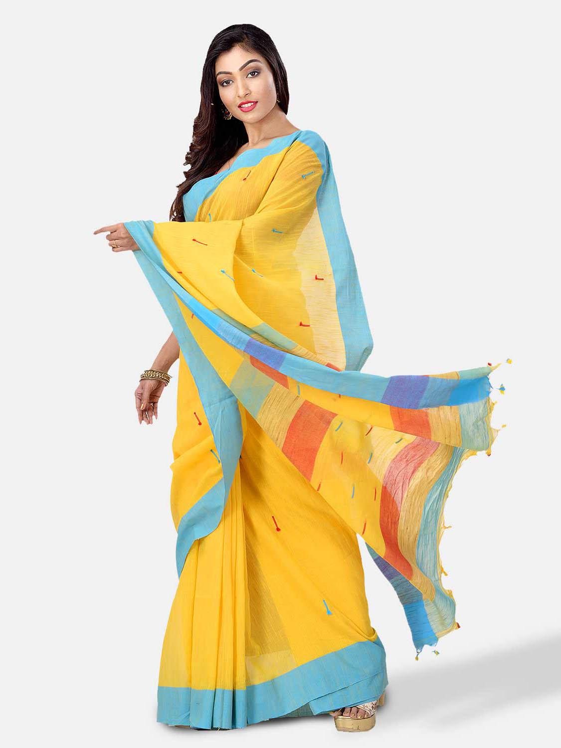 Buy Yellow Khadi Cotton Handloom Tant Saree | 65% OFF