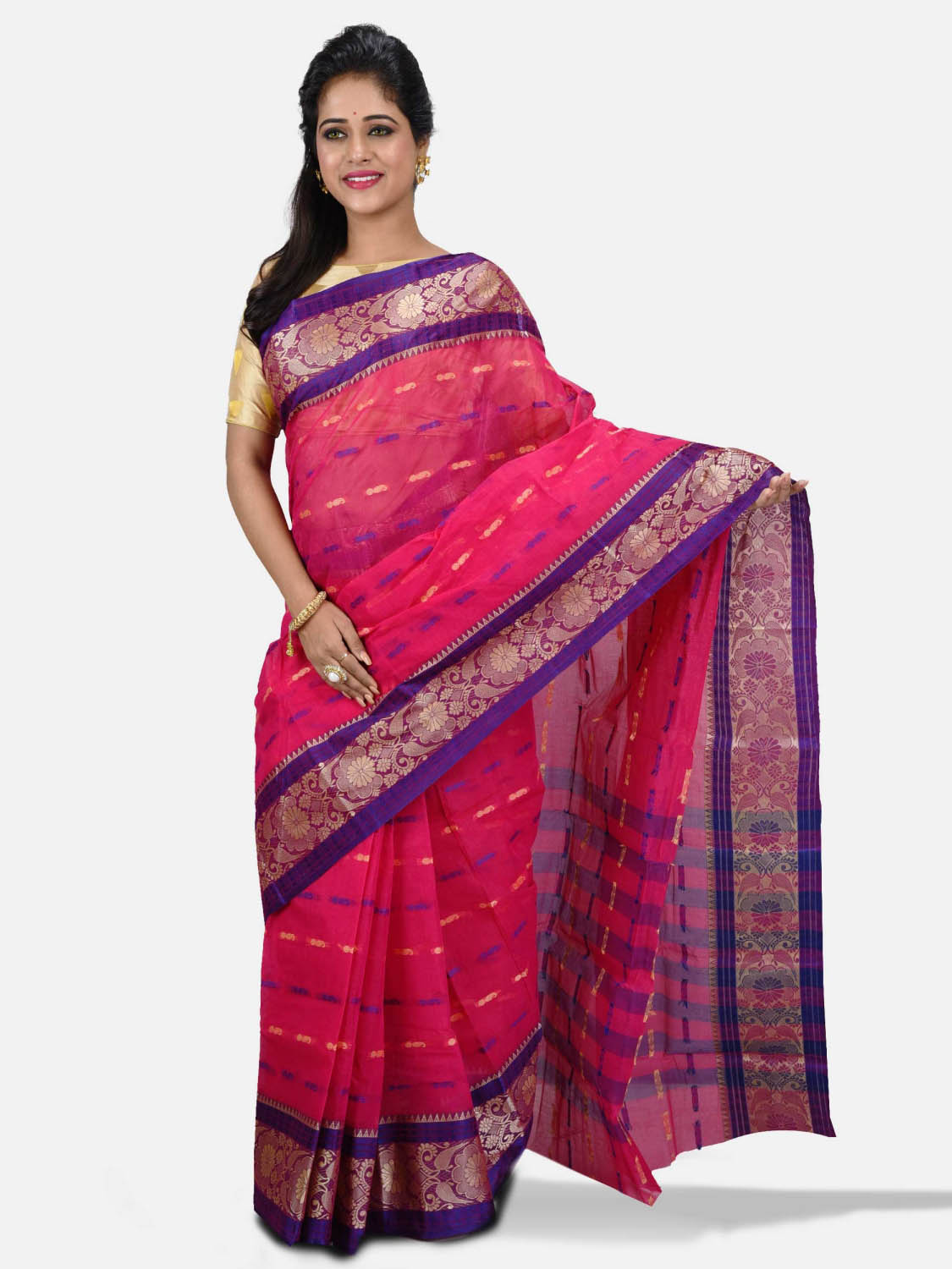 Women`s Handloom Cotton Traditional Bengal Tant Saree With Nakshi Kata Design Saree Without Blouse Piece