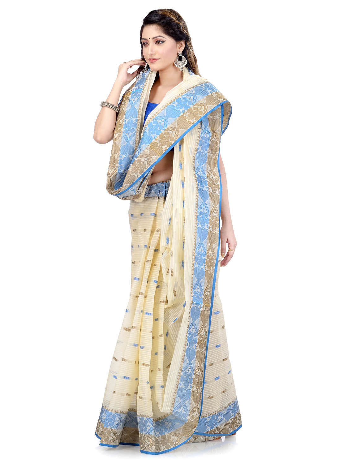 Women Pure Bengal Tant Traditional Handloom Bengali Cotton Saree Noyonchuri Design Without Blouse Piece