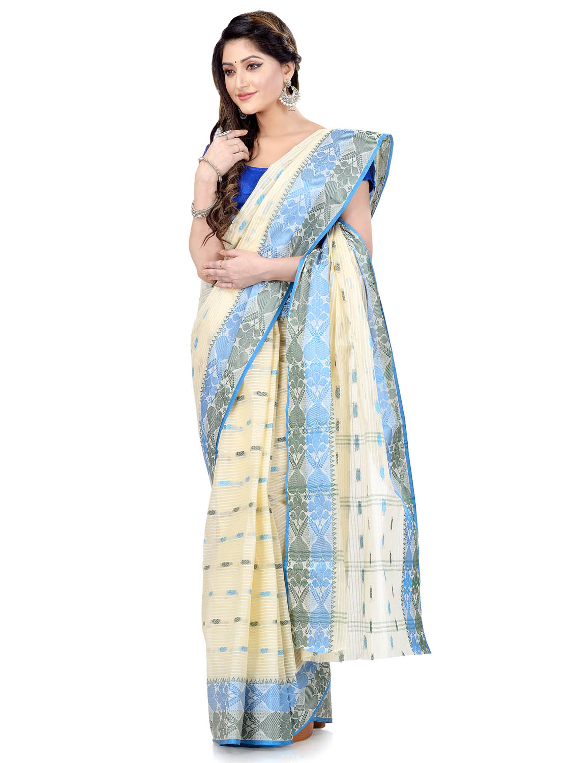 Women Pure Bengal Tant Traditional Handloom Bengali Cotton Saree Noyonchuri Design Without Blouse Piece